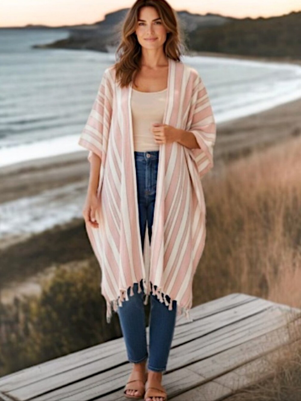 Rays for Days Kimono Cover Up One Size Coral Stripe Fringe Bohemian Beach NEW